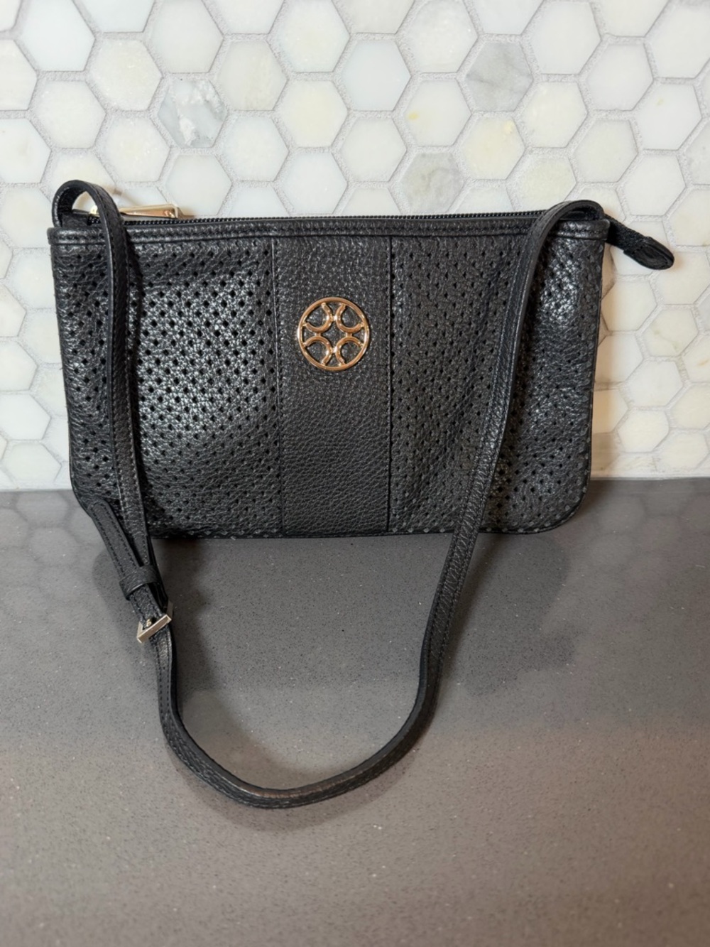 COCCINELLE Black Perforated Leather Shoulder Bag with Gold Accents EUC Chic Lux‎